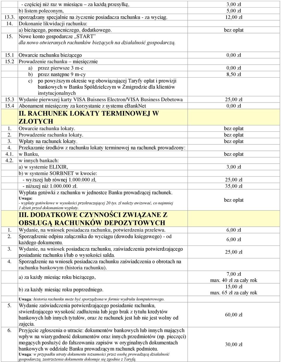 2 Prowadzenie rachunku miesięcznie a) przez pierwsze 3 m-c 0,00 zł b) przez następne 9 m-cy 8,50 zł c) po powyższym okresie wg obowiązującej Taryfy opłat i prowizji bankowych w Banku Spółdzielczym w