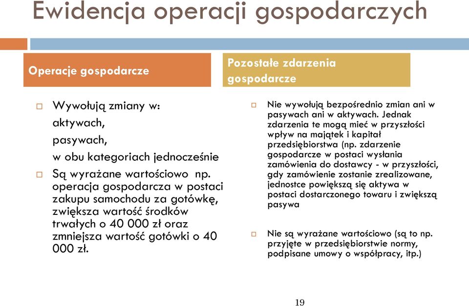 Nie wywołują bezpośrednio zmian ani w pasywach ani w aktywach. Jednak zdarzenia te mogą mieć w przyszłości wpływ na majątek i kapitał przedsiębiorstwa (np.