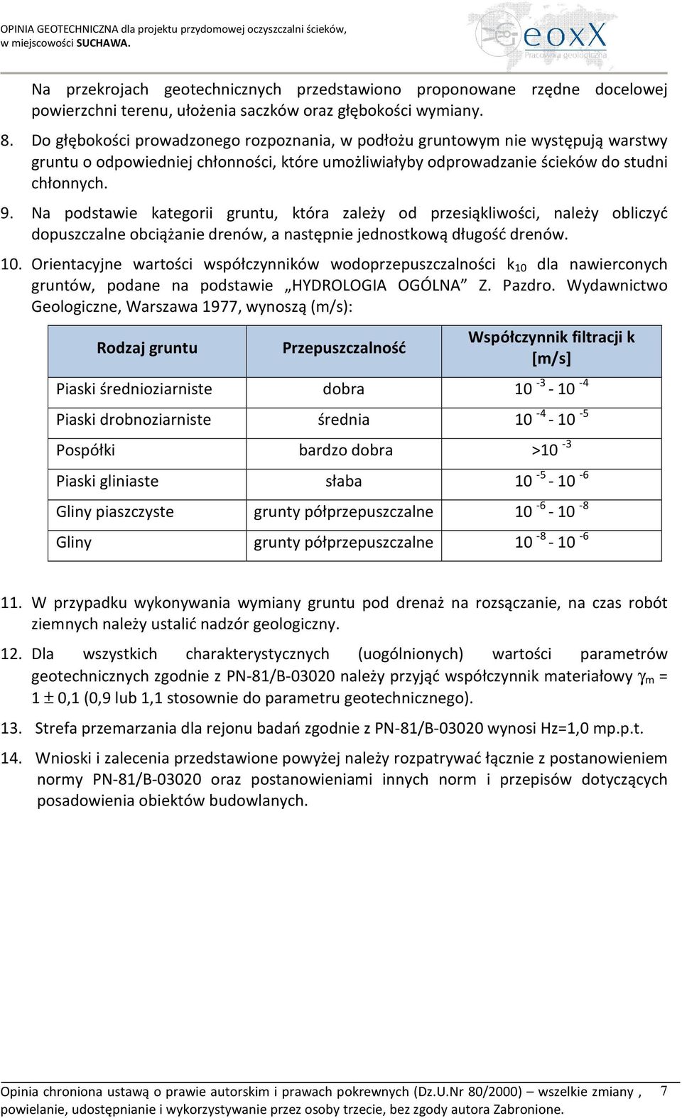 Na podstawie kategorii gruntu, która zależy od przesiąkliwości, należy obliczyć dopuszczalne obciążanie drenów, a następnie jednostkową długość drenów. 10.