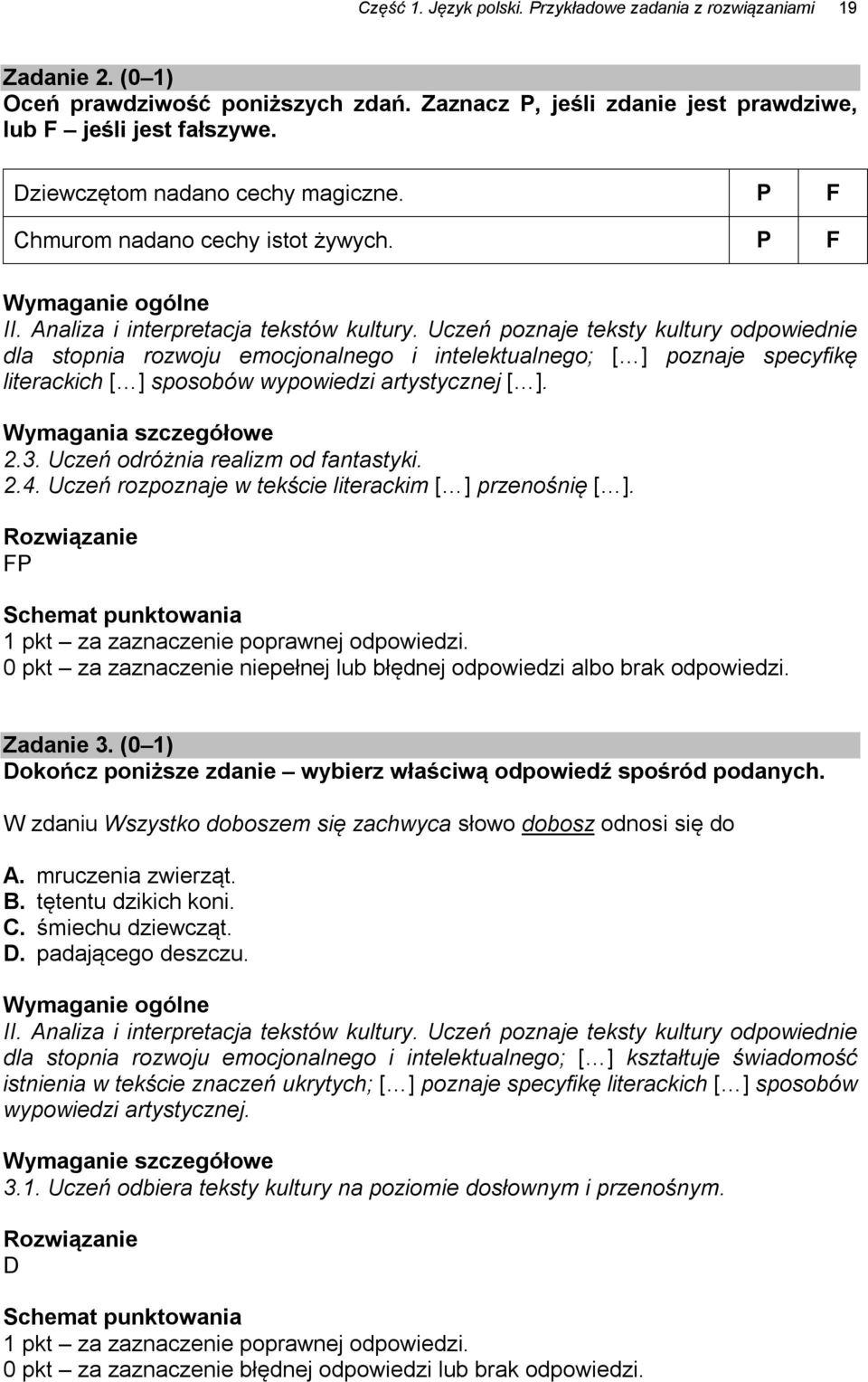 Uczeń poznaje teksty kultury odpowiednie dla stopnia rozwoju emocjonalnego i intelektualnego; [ ] poznaje specyfikę literackich [ ] sposobów wypowiedzi artystycznej [ ]. Wymagania szczegółowe 2.3.