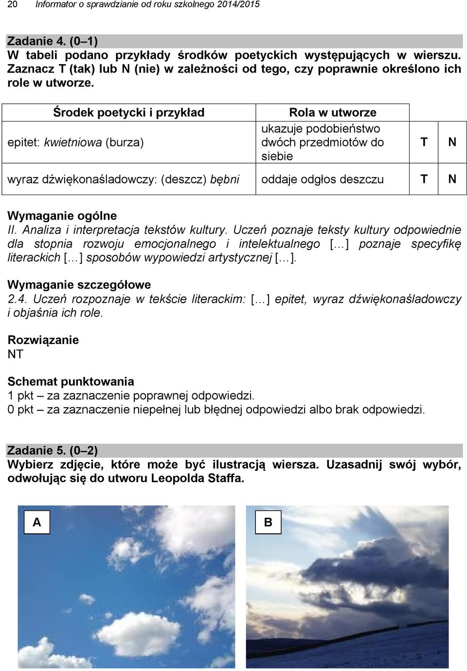 Środek poetycki i przykład epitet: kwietniowa (burza) Rola w utworze ukazuje podobieństwo dwóch przedmiotów do siebie T N wyraz dźwiękonaśladowczy: (deszcz) bębni oddaje odgłos deszczu T N Wymaganie