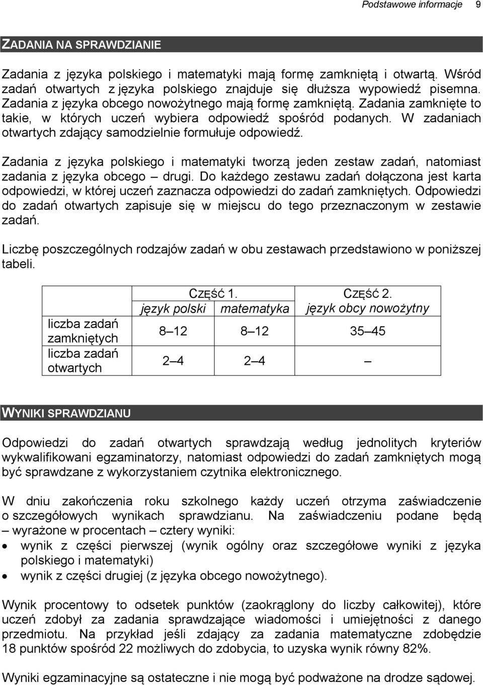 W zadaniach otwartych zdający samodzielnie formułuje odpowiedź. Zadania z języka polskiego i matematyki tworzą jeden zestaw zadań, natomiast zadania z języka obcego drugi.