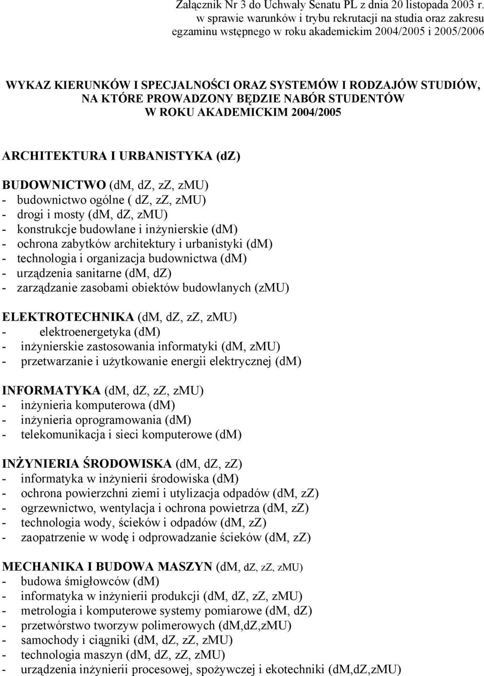 PROWADZONY BĘDZIE NABÓR STUDENTÓW W ROKU AKADEMICKIM 2004/2005 ARCHITEKTURA I URBANISTYKA (dz) BUDOWNICTWO (dm, dz, zz, zmu) - budownictwo ogólne ( dz, zz, zmu) - drogi i mosty (dm, dz, zmu) -