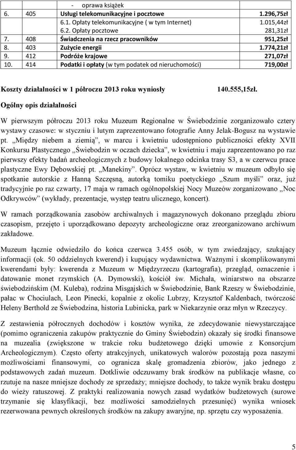 414 Podatki i opłaty (w tym podatek od nieruchomości) 719,00zł Koszty działalności w 1 półroczu 2013 roku wyniosły 140.555,15zł.