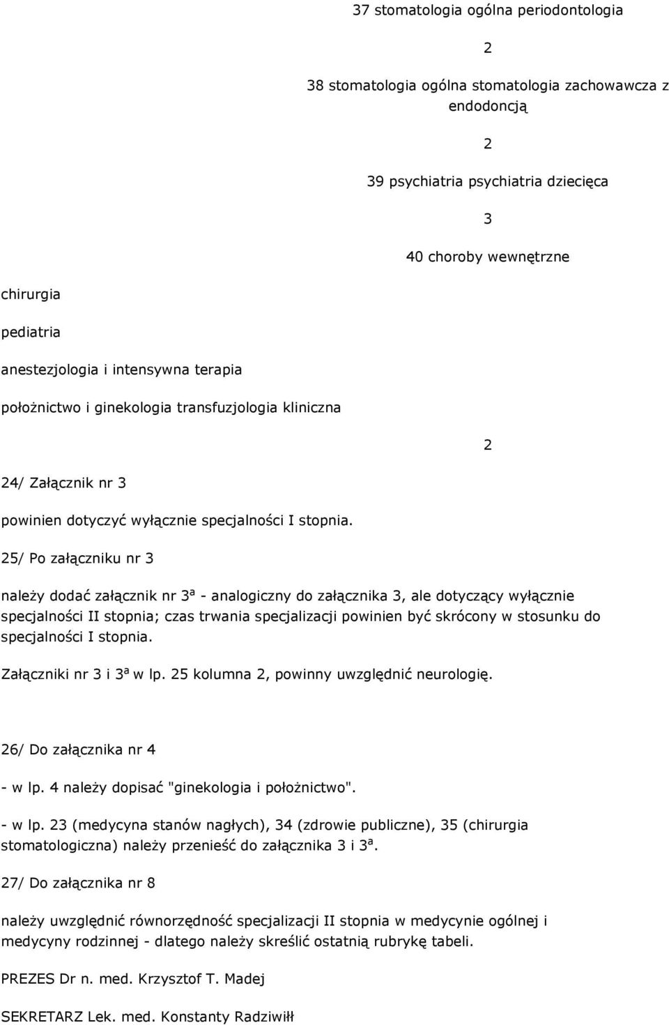 5/ Po załączniku nr 3 należy dodać załącznik nr 3 a - analogiczny do załącznika 3, ale dotyczący wyłącznie specjalności II stopnia; czas trwania specjalizacji powinien być skrócony w stosunku do