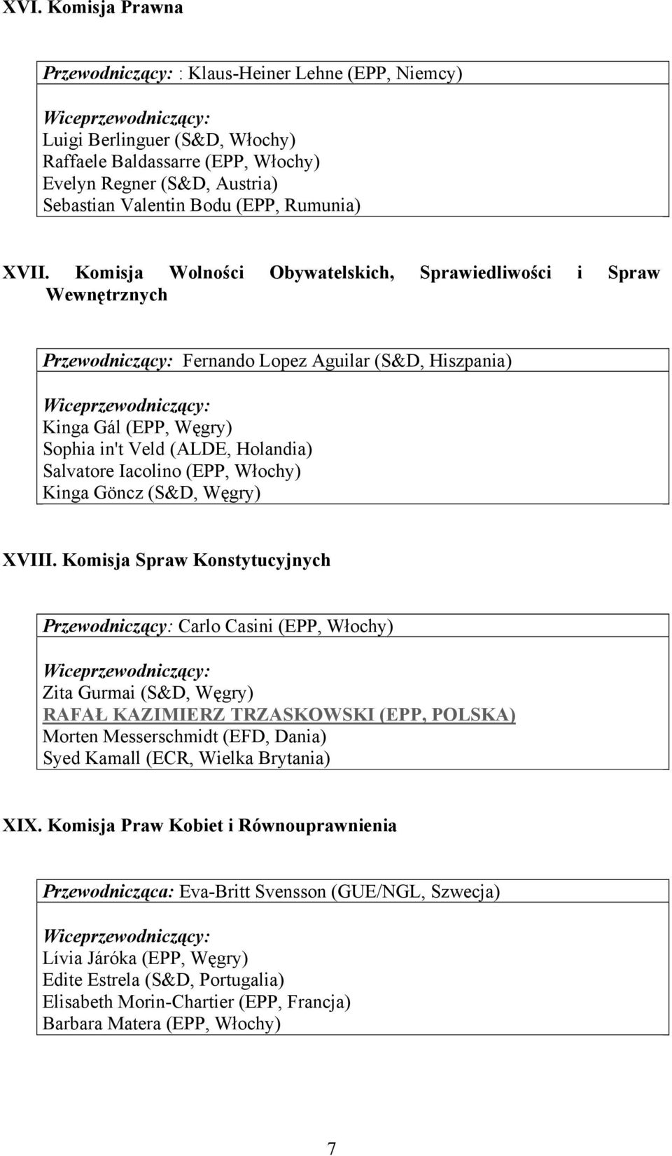 Komisja Wolności Obywatelskich, Sprawiedliwości i Spraw Wewnętrznych Przewodniczący: Fernando Lopez Aguilar (S&D, Hiszpania) Kinga Gál (EPP, Węgry) Sophia in't Veld (ALDE, Holandia) Salvatore