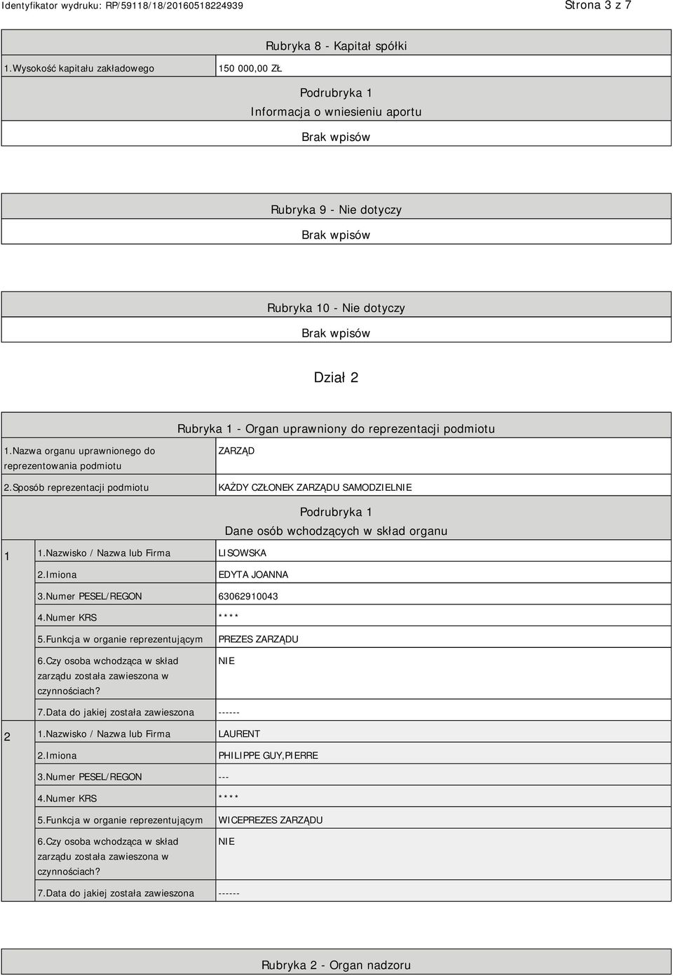 1.Nazwa organu uprawnionego do reprezentowania podmiotu 2.Sposób reprezentacji podmiotu ZARZĄD KAŻDY CZŁONEK ZARZĄDU SAMODZIEL 1 1.