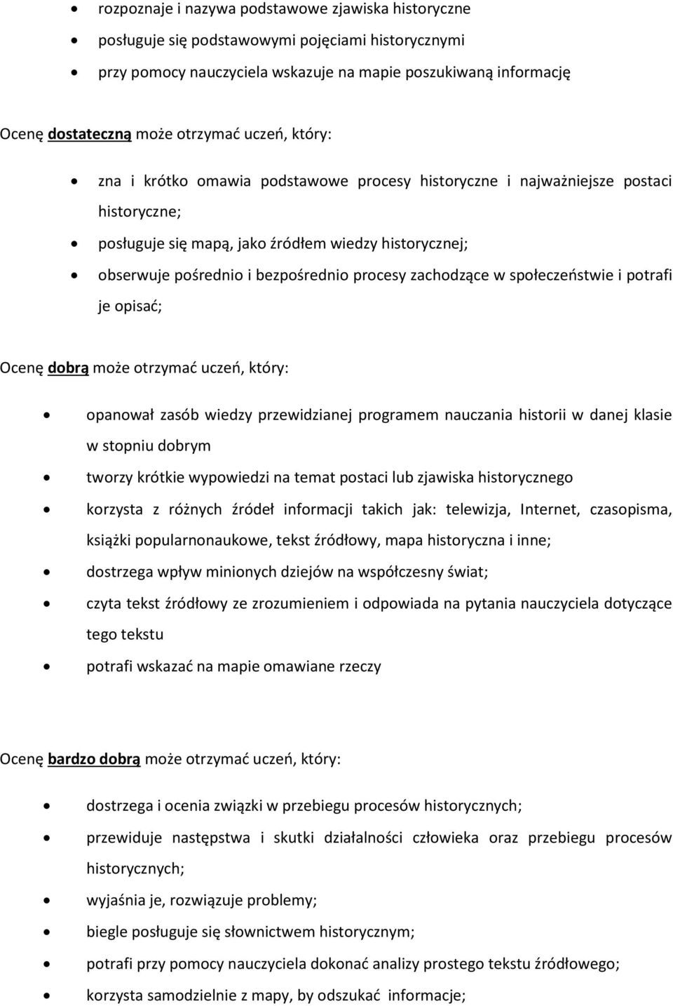 zachodzące w społeczeństwie i potrafi je opisać; Ocenę dobrą może otrzymać uczeń, który: opanował zasób wiedzy przewidzianej programem nauczania historii w danej klasie w stopniu dobrym tworzy