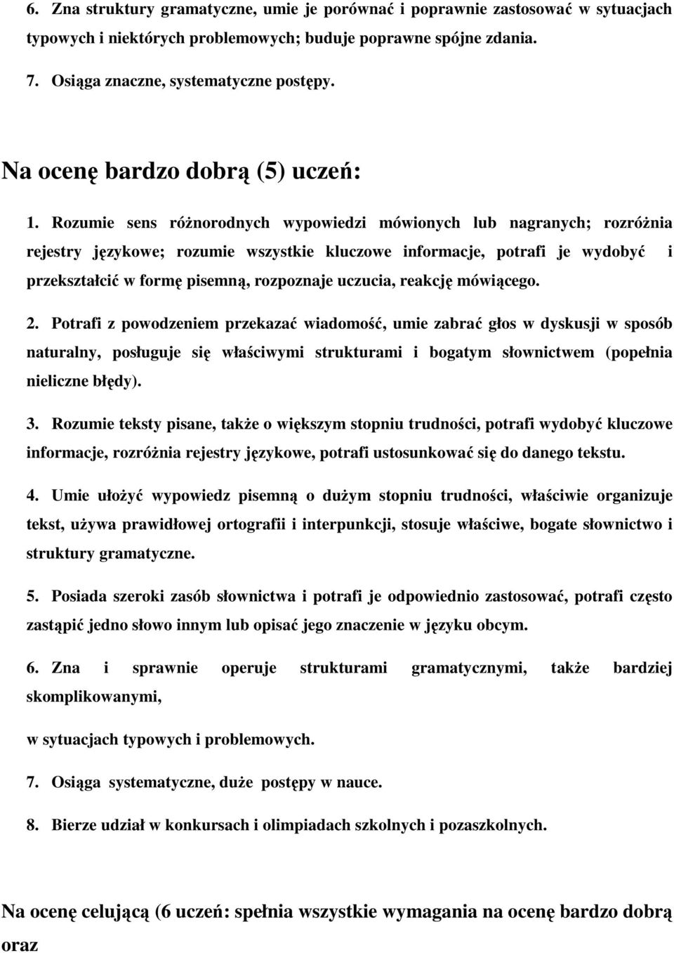 Rozumie sens różnorodnych wypowiedzi mówionych lub nagranych; rozróżnia rejestry językowe; rozumie wszystkie kluczowe informacje, potrafi je wydobyć i przekształcić w formę pisemną, rozpoznaje