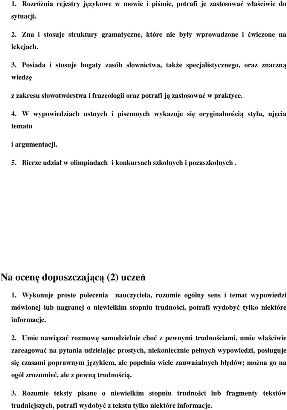 W wypowiedziach ustnych i pisemnych wykazuje się oryginalnością stylu, ujęcia tematu i argumentacji. 5. Bierze udział w olimpiadach i konkursach szkolnych i pozaszkolnych.