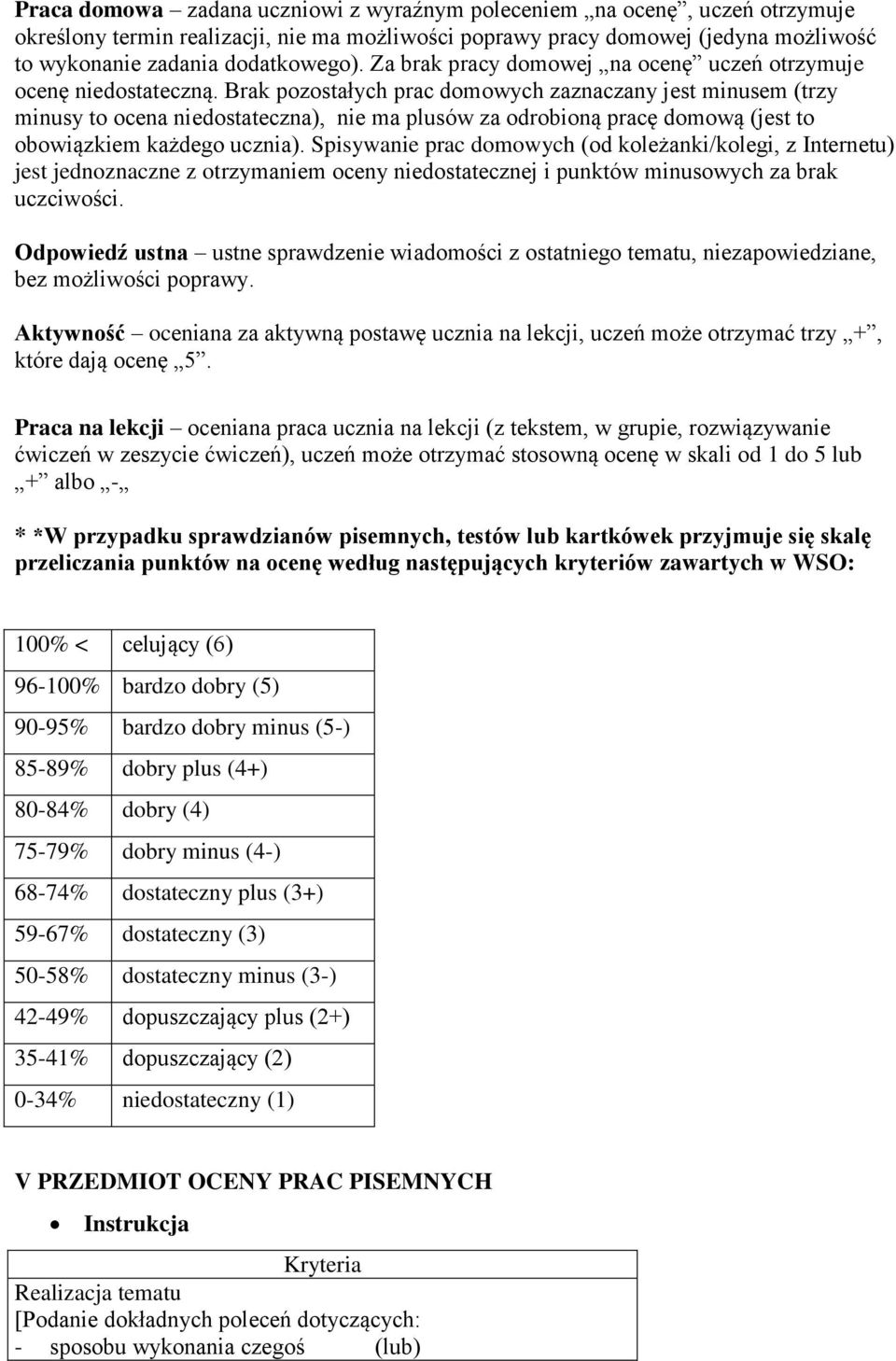 Brak pozostałych prac domowych zaznaczany jest minusem (trzy minusy to ocena niedostateczna), nie ma plusów za odrobioną pracę domową (jest to obowiązkiem każdego ucznia).