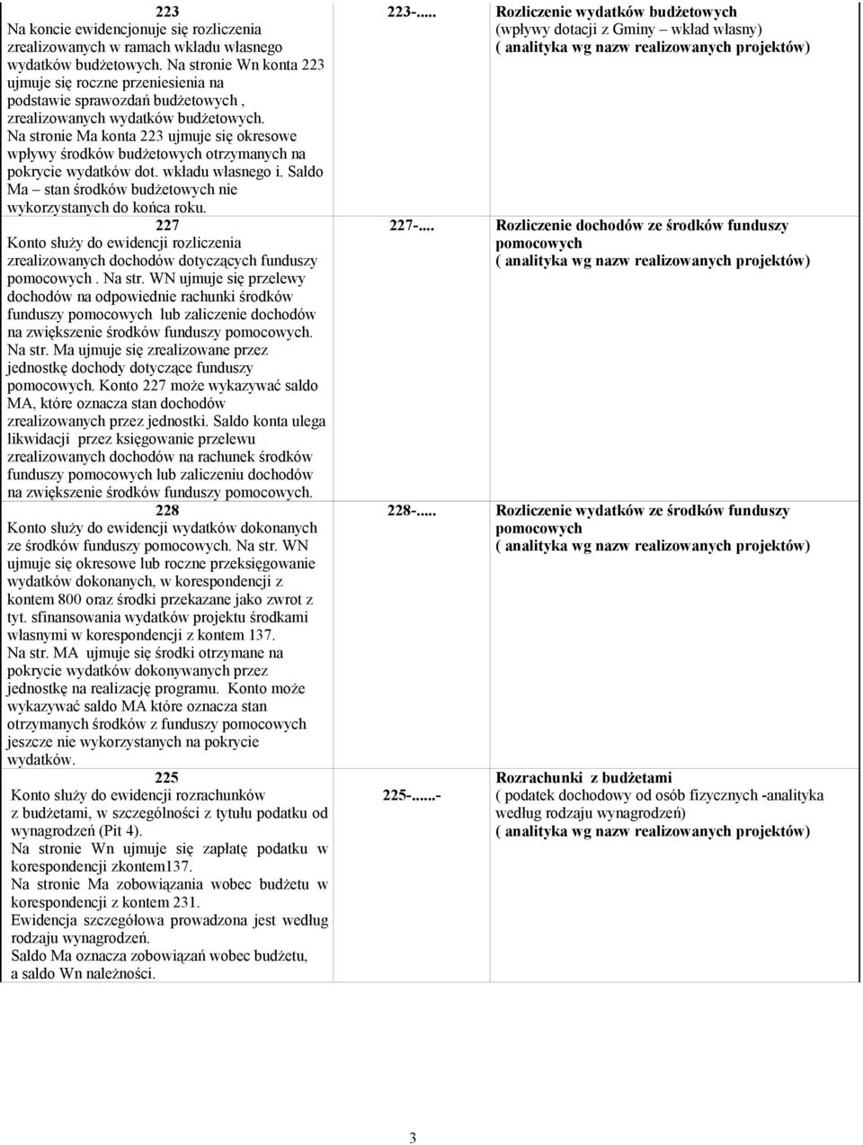 Na stronie Ma konta 223 ujmuje się okresowe wpływy środków budżetowych otrzymanych na pokrycie wydatków dot. wkładu własnego i. Saldo Ma stan środków budżetowych nie wykorzystanych do końca roku.