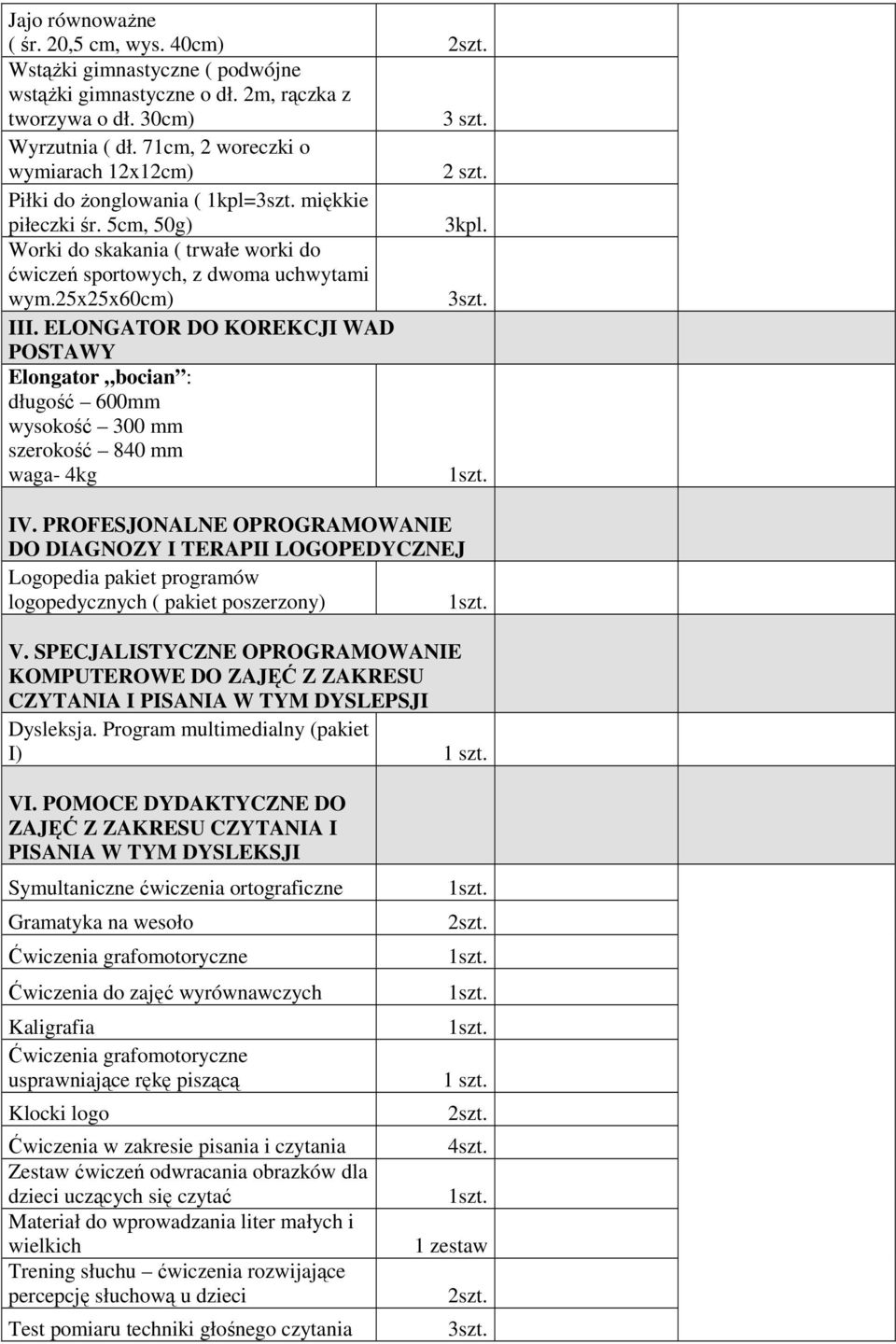 25x25x60cm) 3szt. III. ELONGATOR DO KOREKCJI WAD POSTAWY Elongator bocian : długość 600mm wysokość 300 mm szerokość 840 mm waga- 4kg IV.