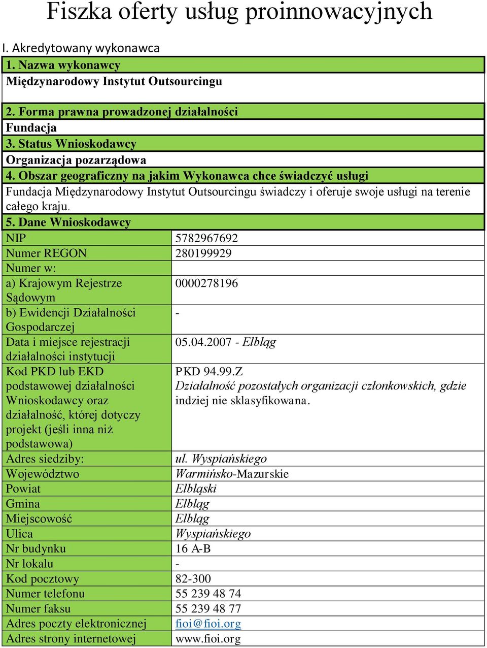 Obszar geograficzny na jakim Wykonawca chce świadczyć usługi Fundacja Międzynarodowy Instytut Outsourcingu świadczy i oferuje swoje usługi na terenie całego kraju. 5.