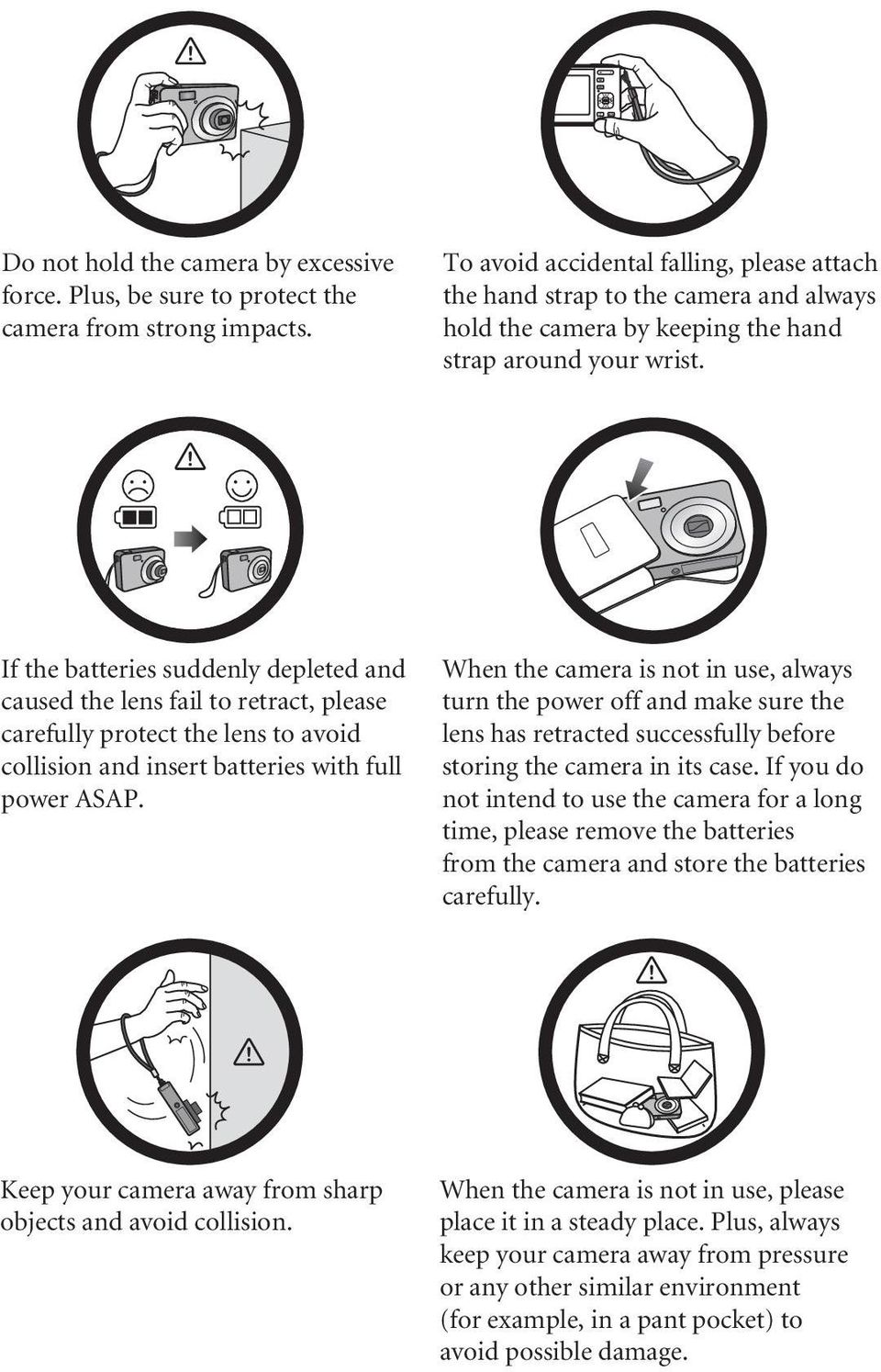 If the batteries suddenly depleted and caused the lens fail to retract, please carefully protect the lens to avoid collision and insert batteries with full power ASAP.