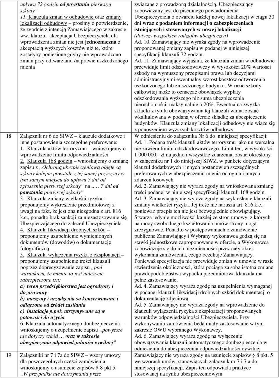 uszkodzonego mienia 18 Załącznik nr 6 do SIWZ klauzule dodatkowe i inne postanowienia szczególne preferowane: 1. Klauzula aktów terroryzmu wnioskujemy o wprowadzenie limitu odpowiedzialności 2.