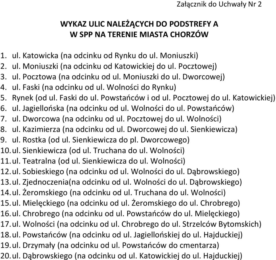 Katowickiej) 6. ul. Jagiellooska (na odcinku od ul. Wolności do ul. Powstaoców) 7. ul. Dworcowa (na odcinku od ul. Pocztowej do ul. Wolności) 8. ul. Kazimierza (na odcinku od ul. Dworcowej do ul.