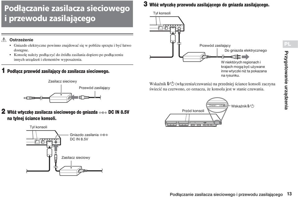 Konsol nale y pod àczyç do êród a zasilania dopiero po pod àczeniu innych urzàdzeƒ i elementów wyposa enia. 1 Pod àcz przewód zasilajàcy do zasilacza sieciowego.