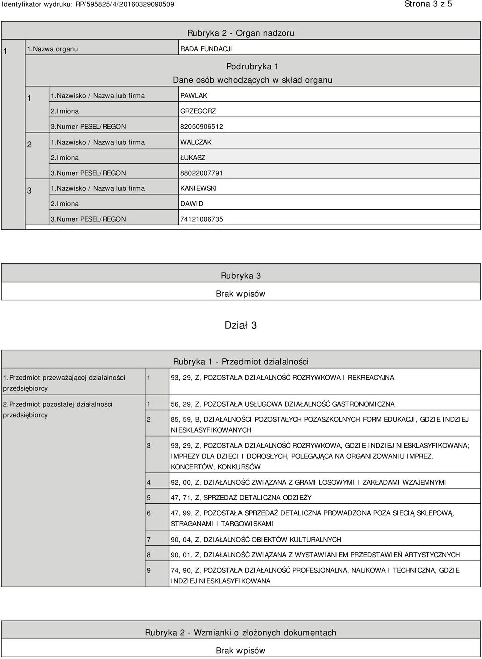 Numer PESEL/REGON 74121006735 Rubryka 3 Dział 3 Rubryka 1 - Przedmiot działalności 1.Przedmiot przeważającej działalności przedsiębiorcy 2.