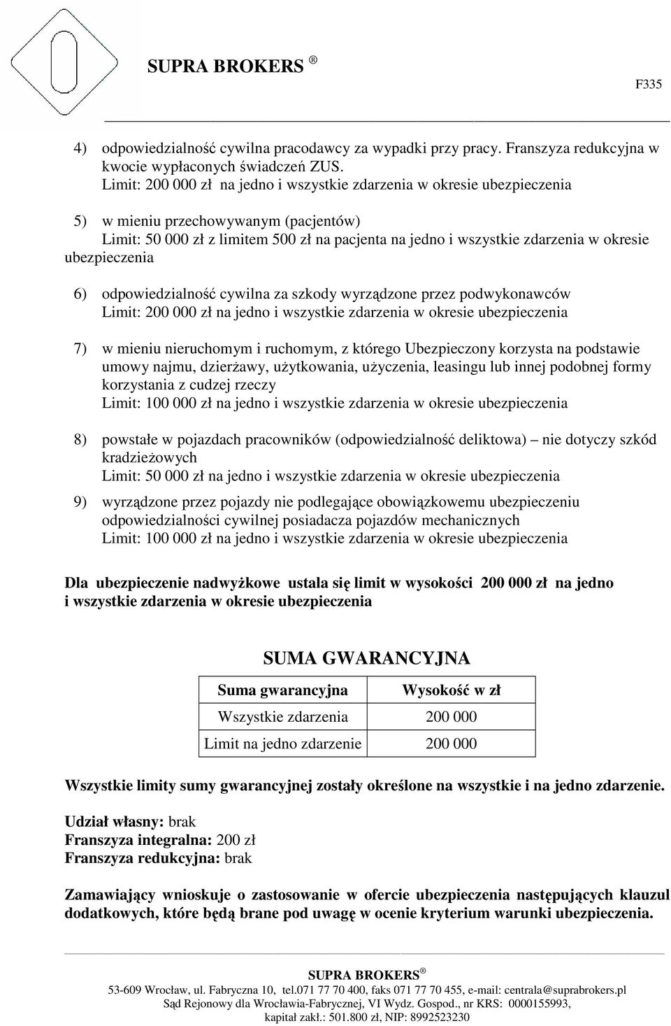 ubezpieczenia 6) odpowiedzialność cywilna za szkody wyrządzone przez podwykonawców Limit: 200 000 zł na jedno i wszystkie zdarzenia w okresie ubezpieczenia 7) w mieniu nieruchomym i ruchomym, z