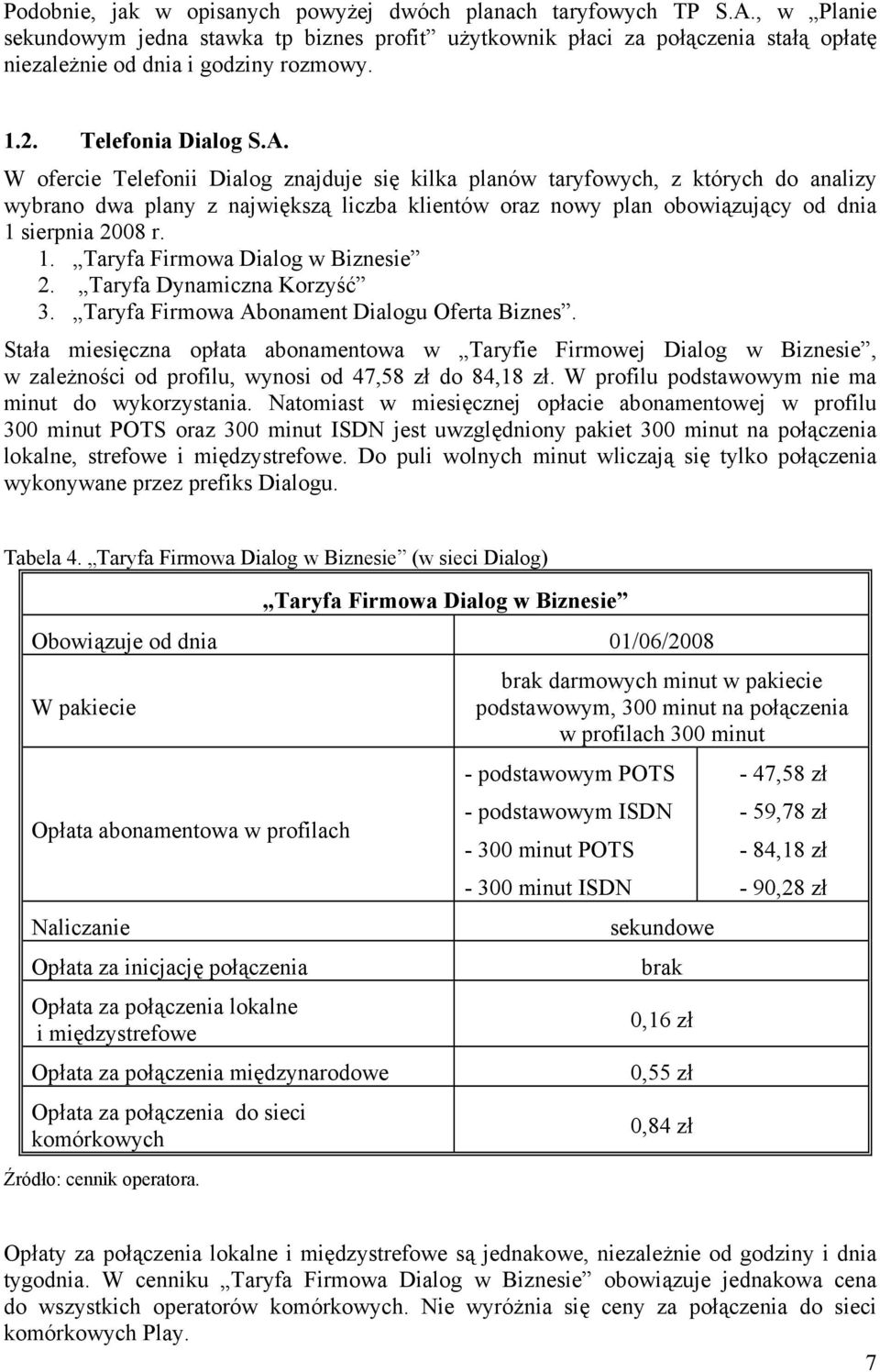 W ofercie Telefonii Dialog znajduje się kilka planów taryfowych, z których do analizy wybrano dwa plany z największą liczba klientów oraz nowy plan obowiązujący od dnia 1 