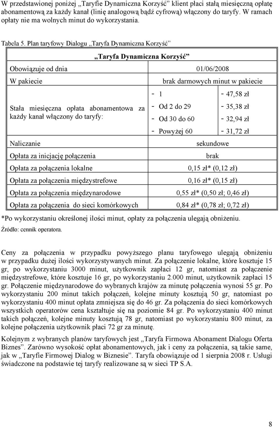 Plan taryfowy Dialogu Taryfa Dynamiczna Korzyść Taryfa Dynamiczna Korzyść Obowiązuje od dnia 01/06/2008 W pakiecie Stała miesięczna opłata abonamentowa za każdy kanał włączony do taryfy: Opłata za