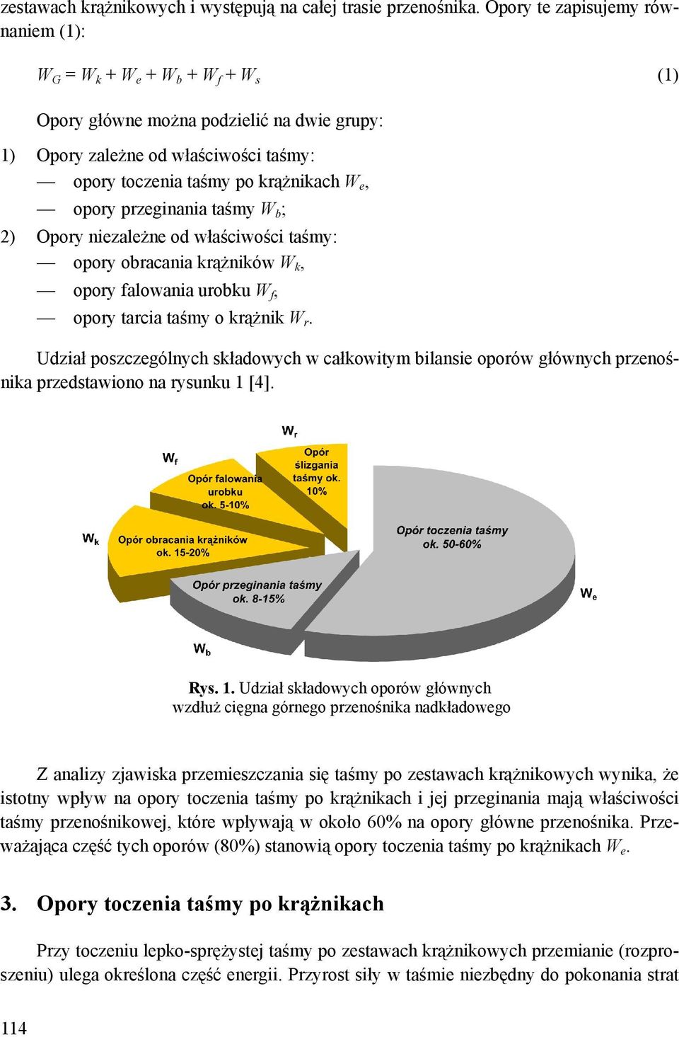 taśmy W b ; 2) Opory nizalżn od właściwości taśmy: opory obracania krążników W k, opory falowania urobku W f, opory tarcia taśmy o krążnik W r.