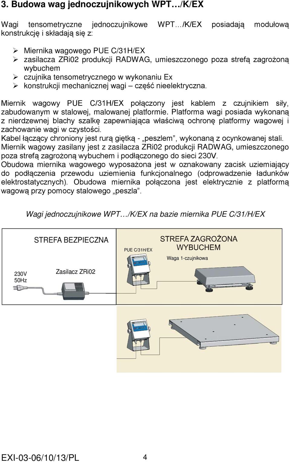 Miernik wagowy PUE C/31H/EX połączony jest kablem z czujnikiem siły, zabudowanym w stalowej, malowanej platformie.