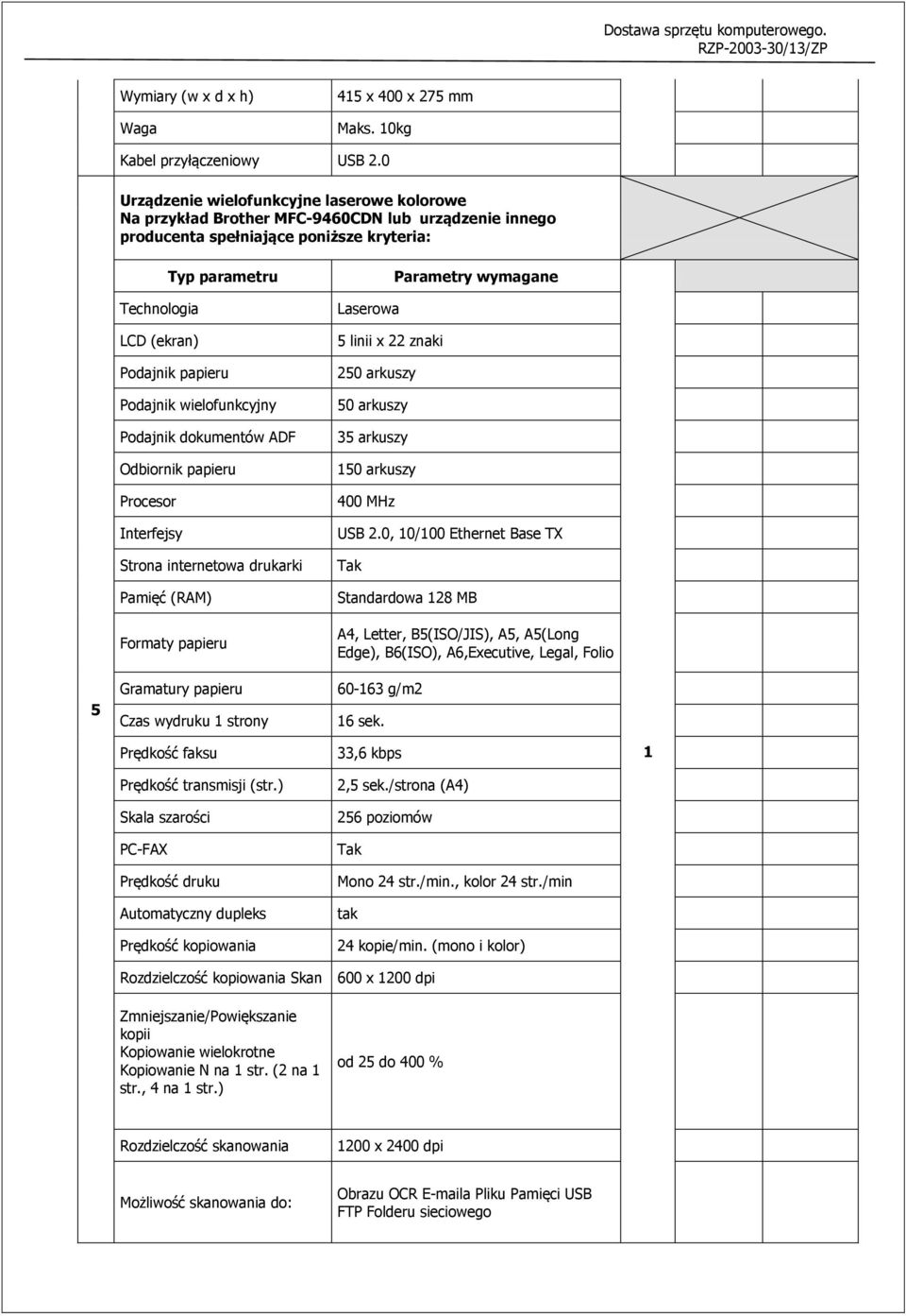 wielofunkcyjny Podajnik dokumentów ADF Odbiornik papieru Procesor Interfejsy Strona internetowa drukarki Pamięć (RAM) Formaty papieru Gramatury papieru Czas wydruku 1 strony Laserowa 5 linii x 22