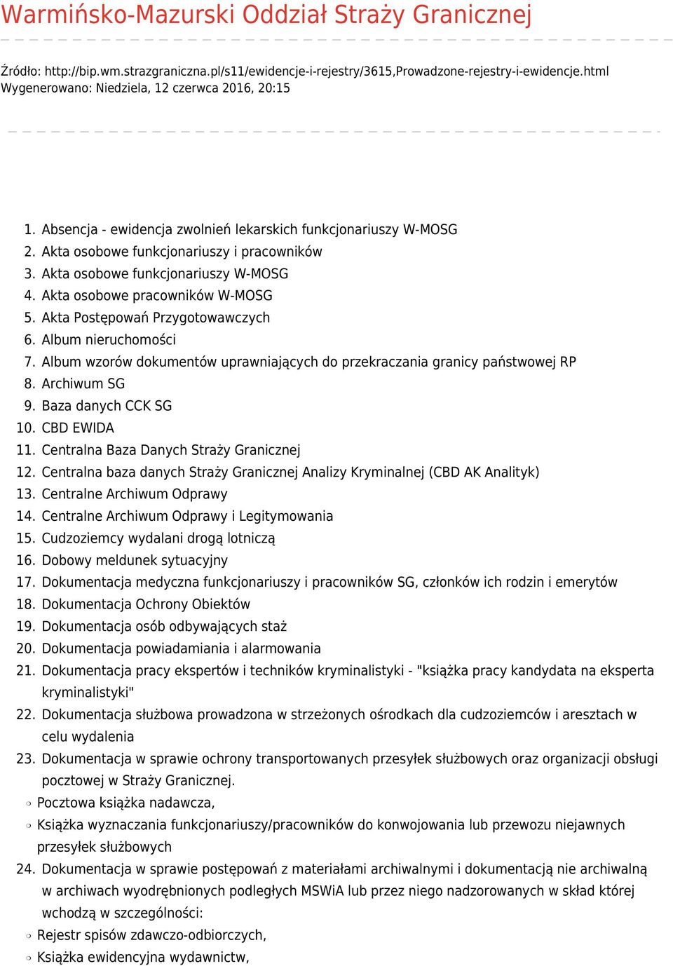 Akta osobowe funkcjonariuszy W-MOSG 4. Akta osobowe pracowników W-MOSG 5. Akta Postępowań Przygotowawczych 6. Album nieruchomości 7.