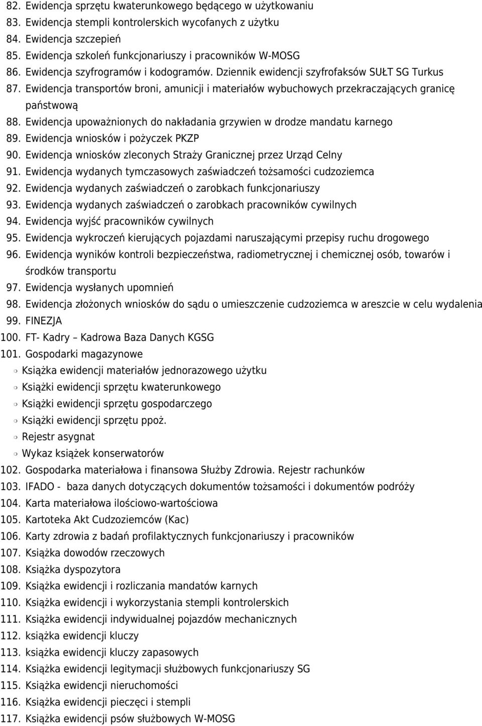 Ewidencja transportów broni, amunicji i materiałów wybuchowych przekraczających granicę państwową 88. Ewidencja upoważnionych do nakładania grzywien w drodze mandatu karnego 89.