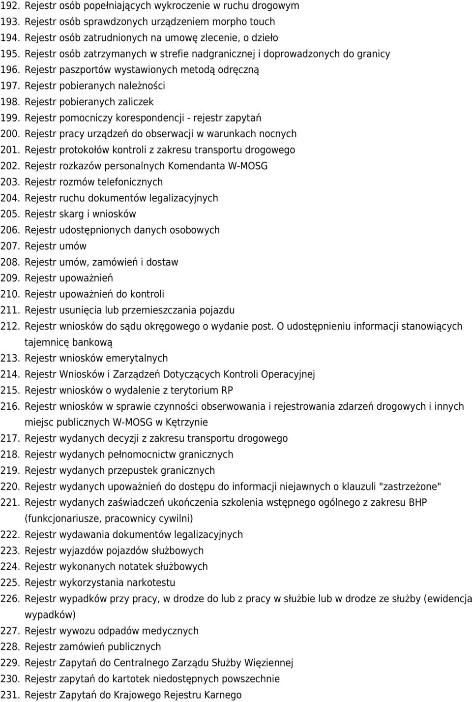 Rejestr pobieranych zaliczek 199. Rejestr pomocniczy korespondencji - rejestr zapytań 200. Rejestr pracy urządzeń do obserwacji w warunkach nocnych 201.