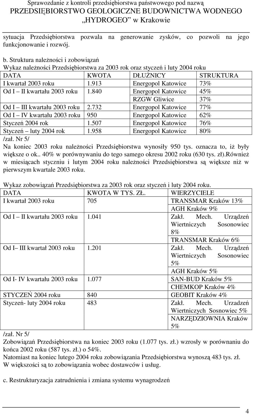 913 Energopol Katowice 73% Od I II kwartału 2003 roku 1.840 Energopol Katowice 45% RZGW Gliwice 37% Od I III kwartału 2003 roku 2.