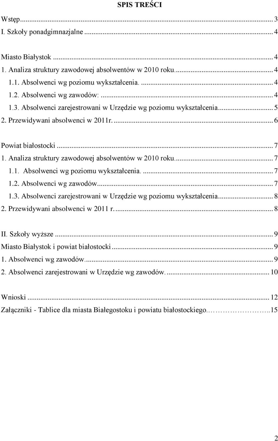 .. 7 1.1. Absolwenci wg poziomu wykształcenia.... 7 1.2. Absolwenci wg zawodów... 7 1.3. Absolwenci zarejestrowani w Urzędzie wg poziomu wykształcenia... 8 2. Przewidywani absolwenci w 2011 r.... 8 II.