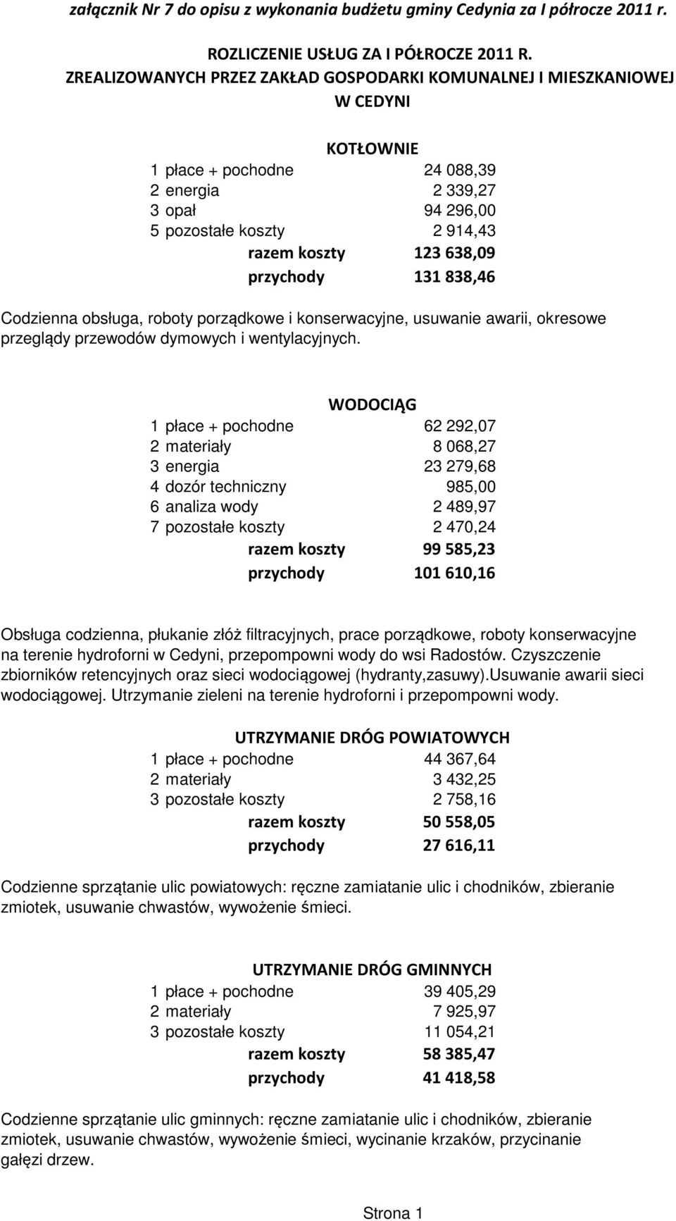 123638,09 przychody 131838,46 Codzienna obsługa, roboty porządkowe i konserwacyjne, usuwanie awarii, okresowe przeglądy przewodów dymowych i wentylacyjnych.