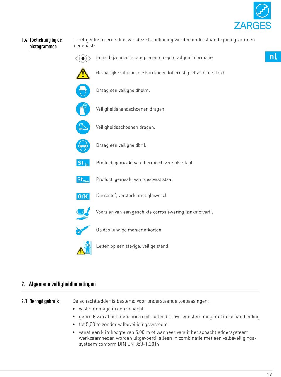 St Zn Product, gemaakt van thermisch verzinkt staal St V4A Product, gemaakt van roestvast staal GfK Kunststof, versterkt met glasvezel Voorzien van een geschikte corrosiewering (zinkstofverf).