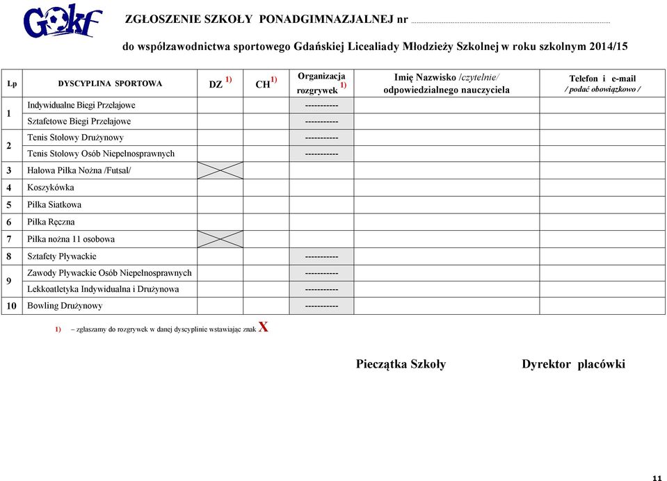 ----------- Sztafetowe Biegi Przełajowe ----------- Tenis Stołowy Drużynowy ----------- Tenis Stołowy Osób Niepełnosprawnych ----------- 3 Halowa Piłka Nożna /Futsal/ 4 Koszykówka 5 Piłka Siatkowa 6