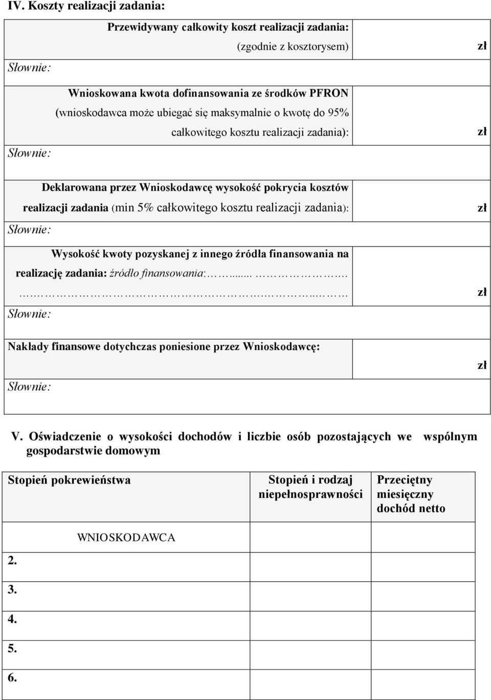 Wysokość kwoty pozyskanej z innego źródła finansowania na realizację zadania: źródło finansowania:........ Nakłady finansowe dotychczas poniesione przez Wnioskodawcę: V.