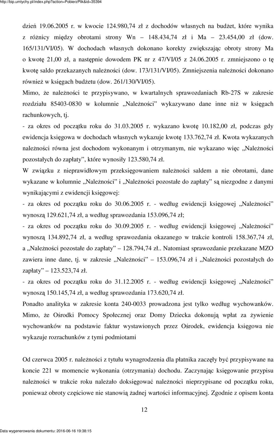 173/131/VI/05). Zmniejszenia nalenoci dokonano równie w ksigach budetu (dow. 261/130/VI/05).