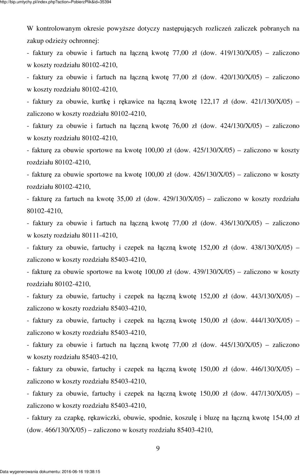 420/130/X/05) zaliczono w koszty rozdziału 80102-4210, - faktury za obuwie, kurtk i rkawice na łczn kwot 122,17 zł (dow.