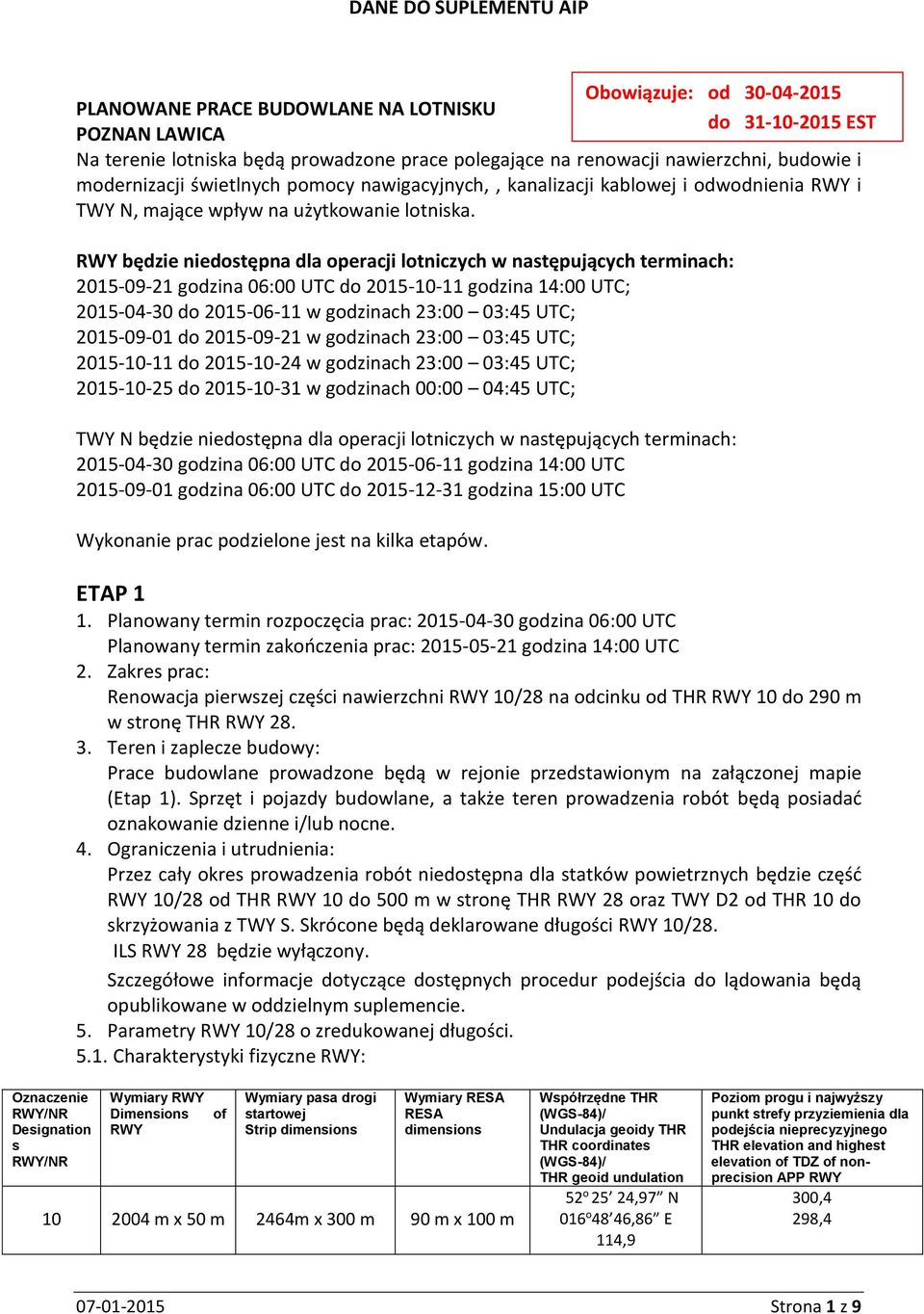 RWY będzie niedostępna dla operacji lotniczych w następujących terminach: 2015-09-21 godzina 06:00 UTC do 2015-10-11 godzina 14:00 UTC; 2015-04-30 do 2015-06-11 w godzinach 23:00 03:45 UTC;