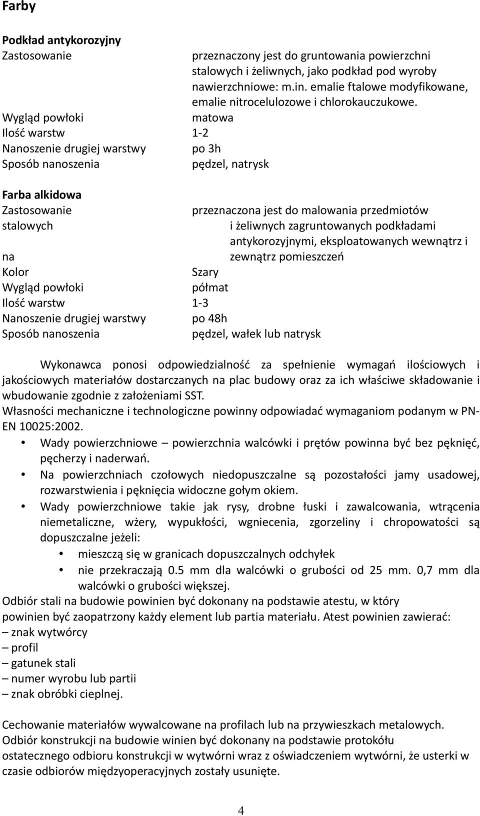 matowa Farba alkidowa Zastosowanie przeznaczona jest do malowania przedmiotów stalowych i żeliwnych zagruntowanych podkładami antykorozyjnymi, eksploatowanych wewnątrz i na zewnątrz pomieszczeń Kolor