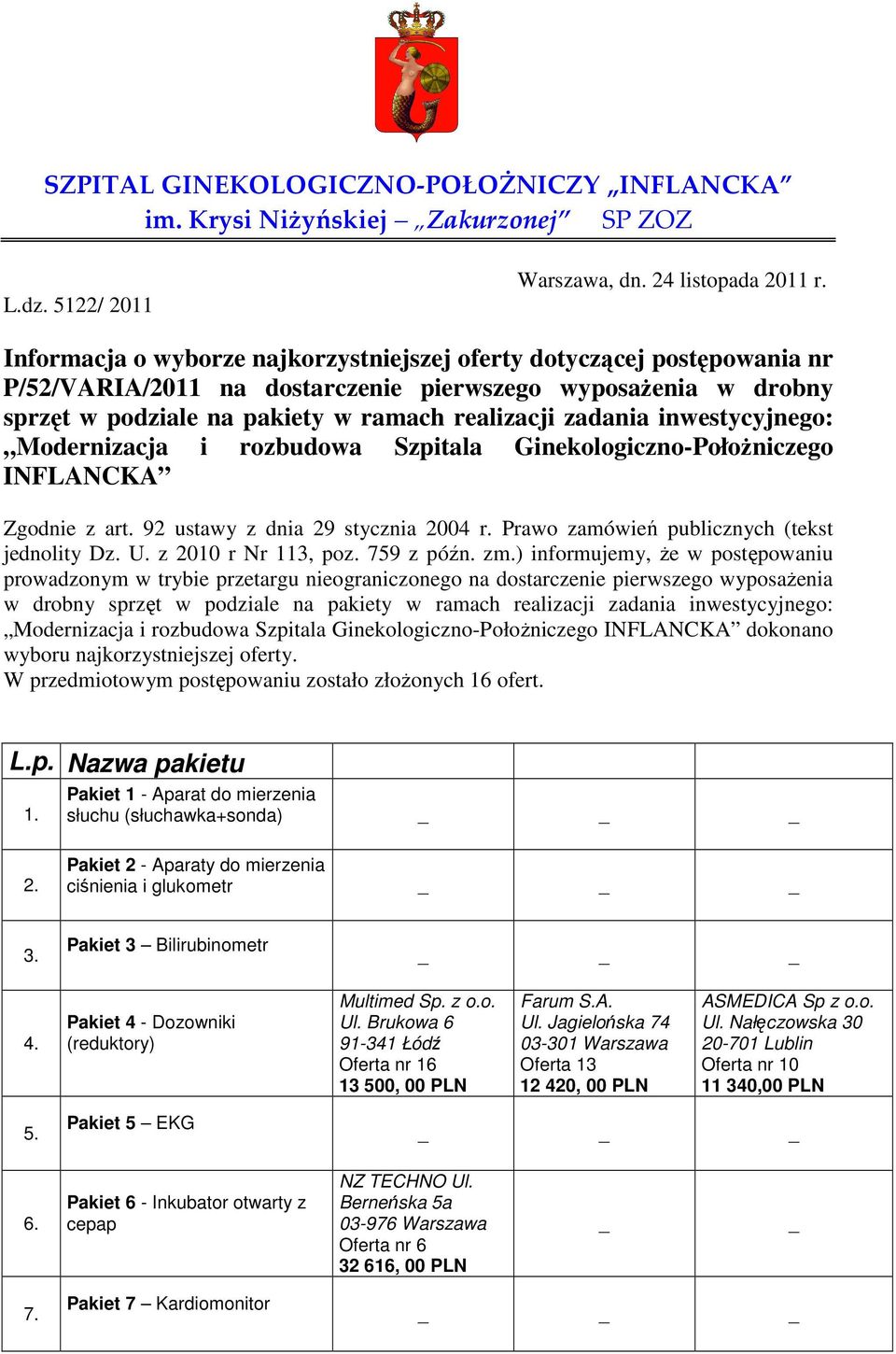 inwestycyjnego: Modernizacja i rozbudowa Szpitala Ginekologiczno-Położniczego INFLANCKA Zgodnie z art. 92 ustawy z dnia 29 stycznia 2004 r. Prawo zamówień publicznych (tekst jednolity Dz. U.