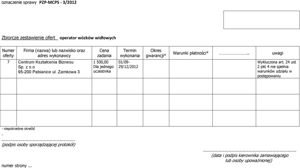 wózków widłowych Warunki płatności*