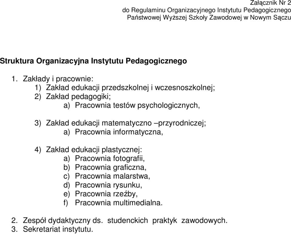 Zakłady i pracownie: 1) Zakład edukacji przedszkolnej i wczesnoszkolnej; 2) Zakład pedagogiki; a) Pracownia testów psychologicznych, 3) Zakład edukacji