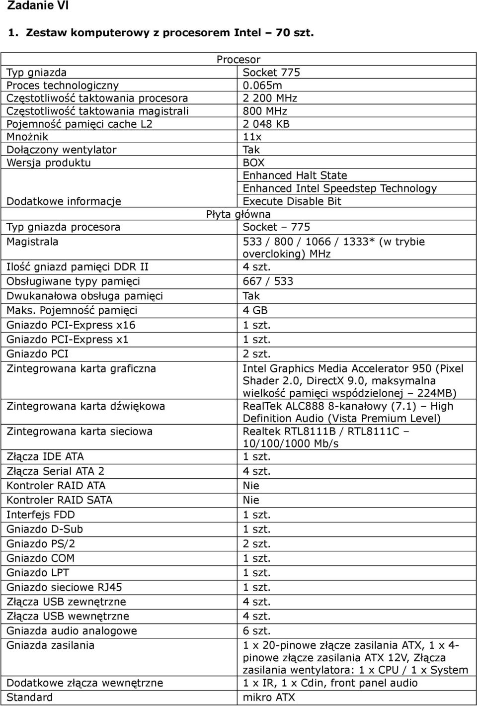 State Enhanced Intel Speedstep Technology Dodatkowe informacje Execute Disable Bit Płyta główna Typ gniazda procesora Socket 775 Magistrala 533 / 800 / 1066 / 1333* (w trybie overcloking) MHz Ilość