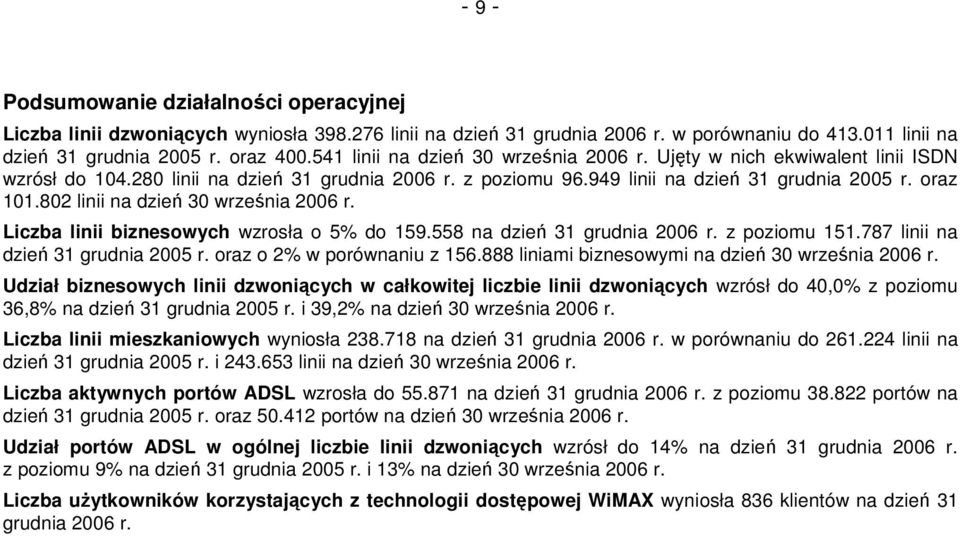 802 linii na dzień 30 września 2006 r. Liczba linii biznesowych wzrosła o 5% do 159.558 na dzień 31 grudnia 2006 r. z poziomu 151.787 linii na dzień 31 grudnia 2005 r. oraz o 2% w porównaniu z 156.