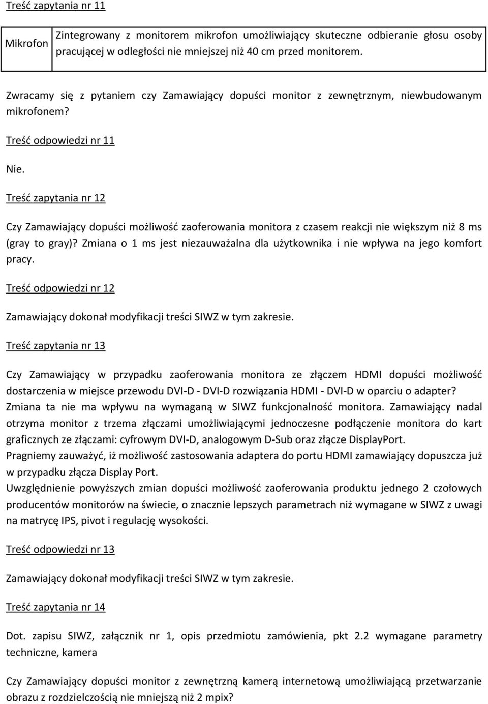 Treść odpowiedzi nr 11 Treść zapytania nr 12 Czy Zamawiający dopuści możliwość zaoferowania monitora z czasem reakcji nie większym niż 8 ms (gray to gray)?