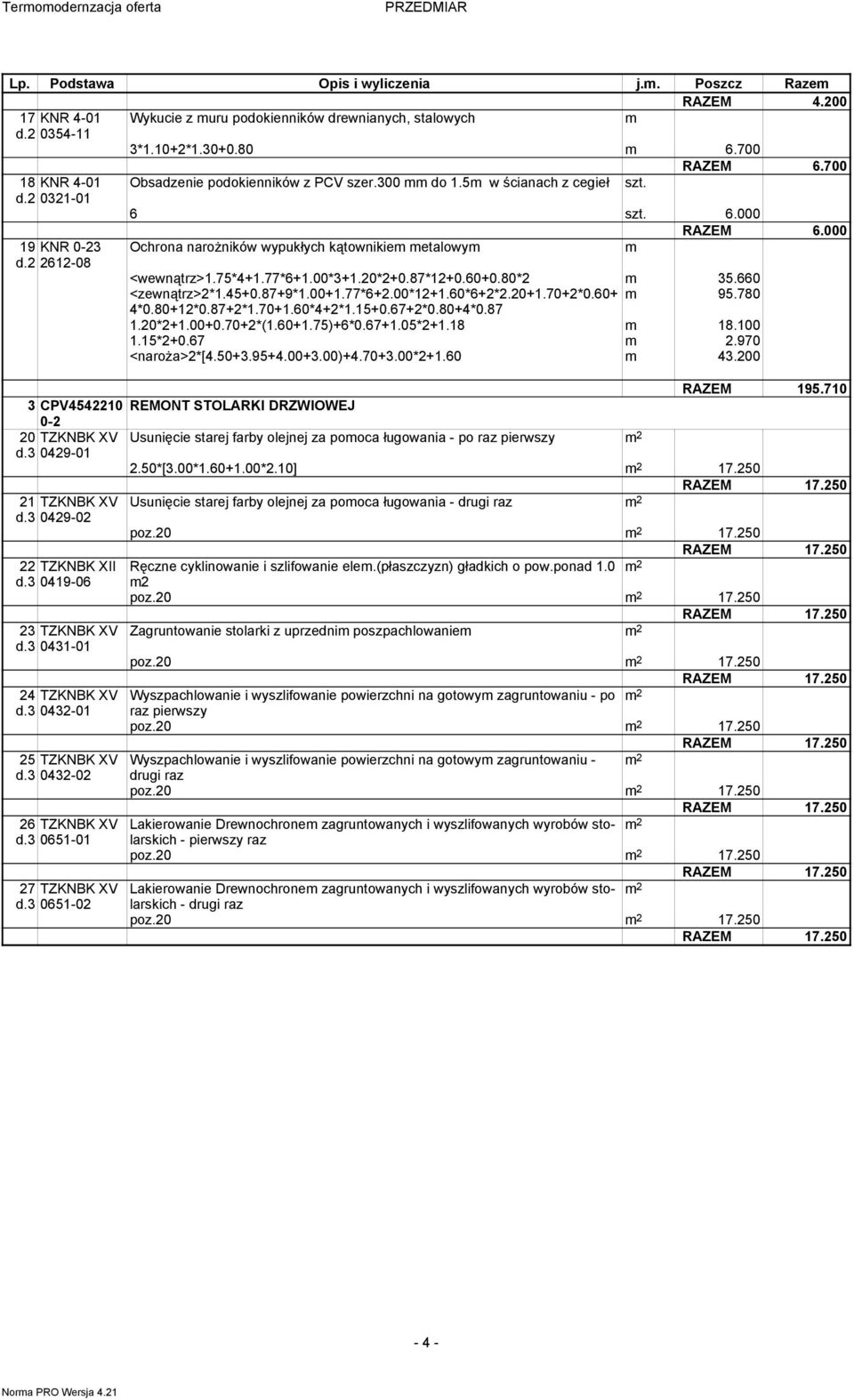 2 2612-08 <wewnątrz>1.75*4+1.77*6+1.00*3+1.20*2+0.87*12+0.60+0.80*2 m 35.660 <zewnątrz>2*1.45+0.87+9*1.00+1.77*6+2.00*12+1.60*6+2*2.20+1.70+2*0.60+ m 95.780 4*0.80+12*0.87+2*1.70+1.60*4+2*1.15+0.