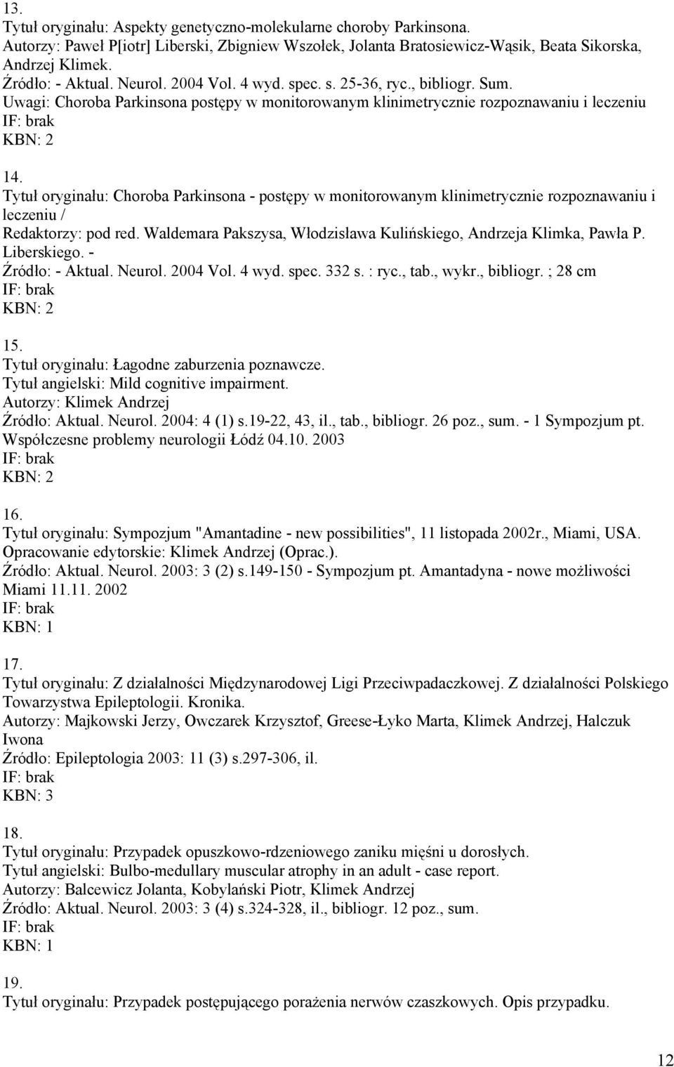 Tytuł oryginału: Choroba Parkinsona - postępy w monitorowanym klinimetrycznie rozpoznawaniu i leczeniu / Redaktorzy: pod red. Waldemara Pakszysa, Włodzisława Kulińskiego, Andrzeja Klimka, Pawła P.